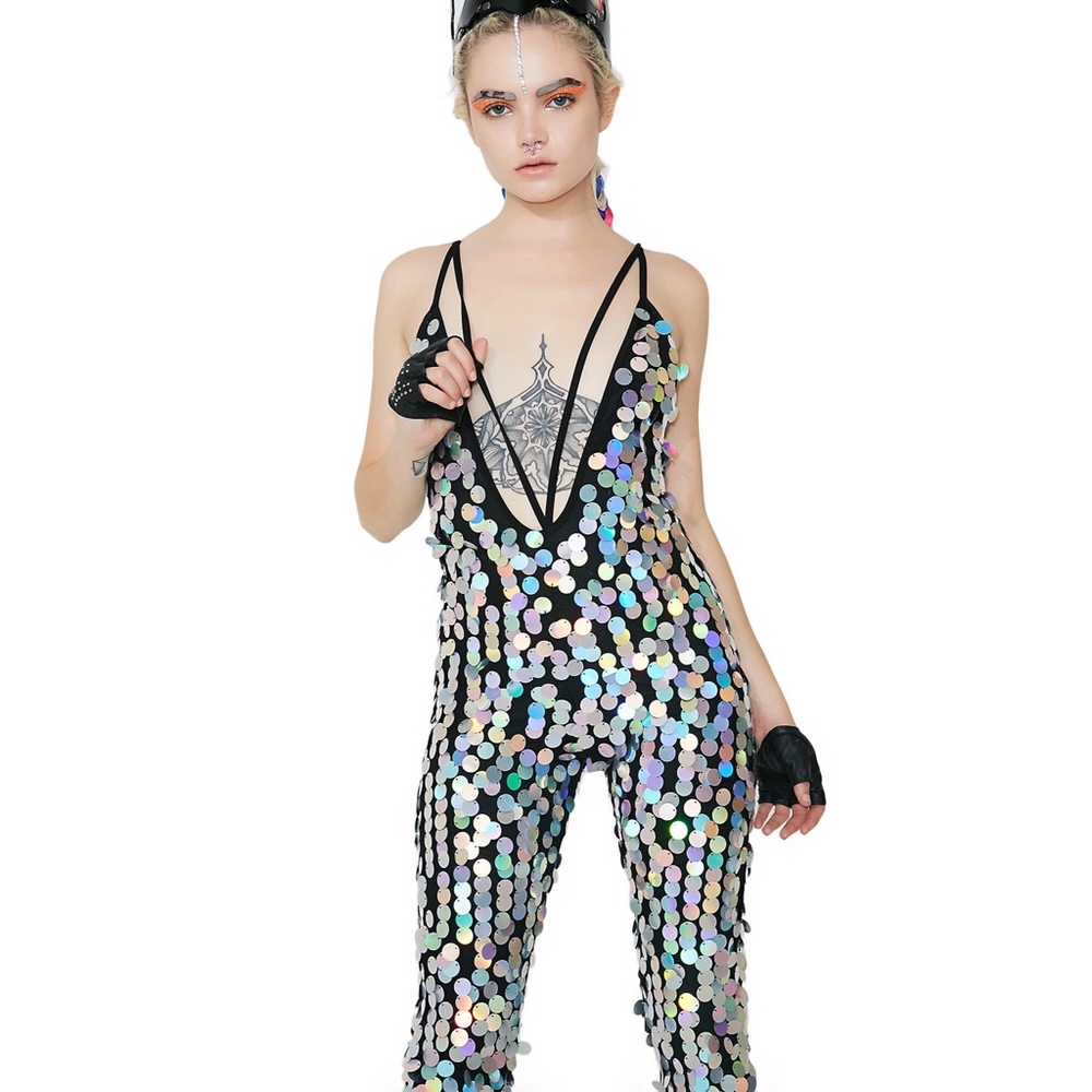 Jaded London Holographic Sequin Plunge Catsuit